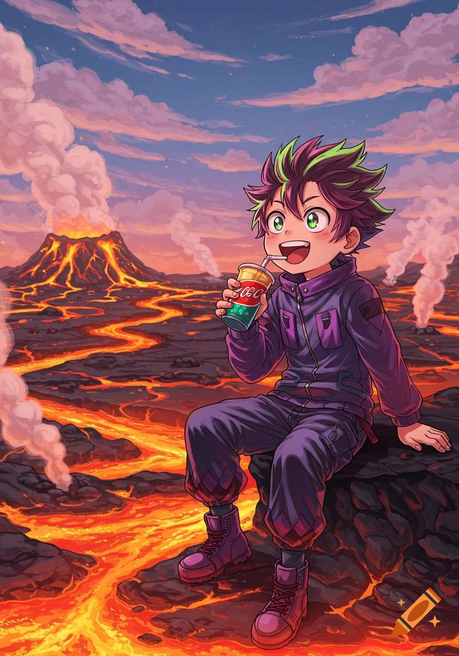 An anime boy with green and purple hair sits on a rock, drinking from a soda can, with a lava field and erupting volcano behind him.