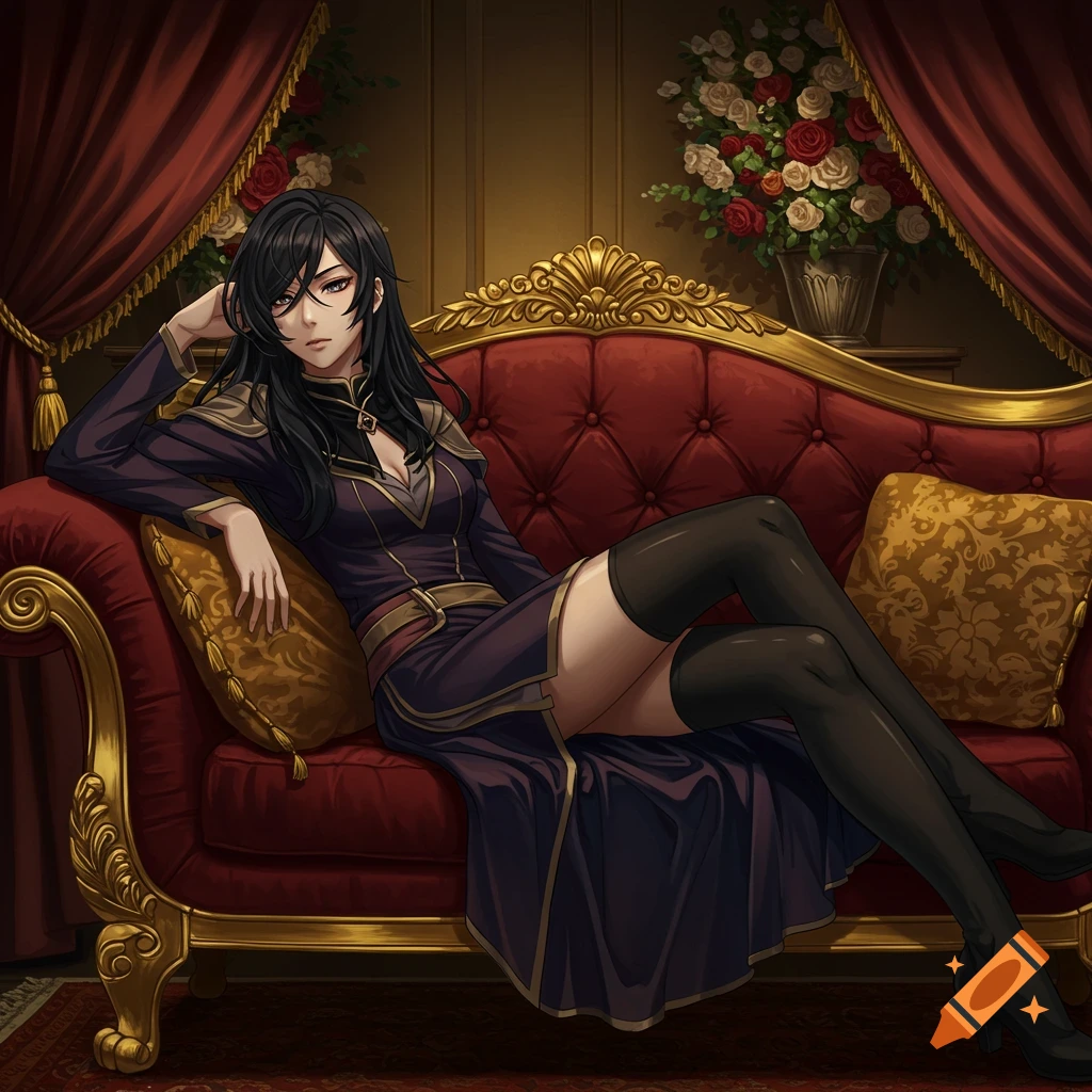 An anime woman with dark hair and purple eyes in a purple dress and black stockings lounging on a red ornate couch.