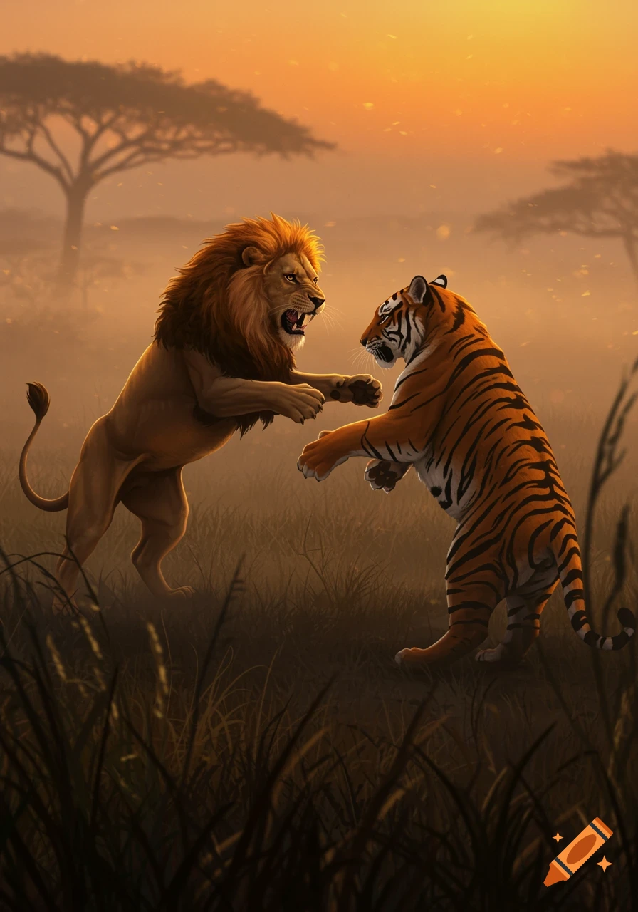 A roaring lion and a tiger stand on their hind legs, confronting each other in a grassy savanna at sunset, digital painting.