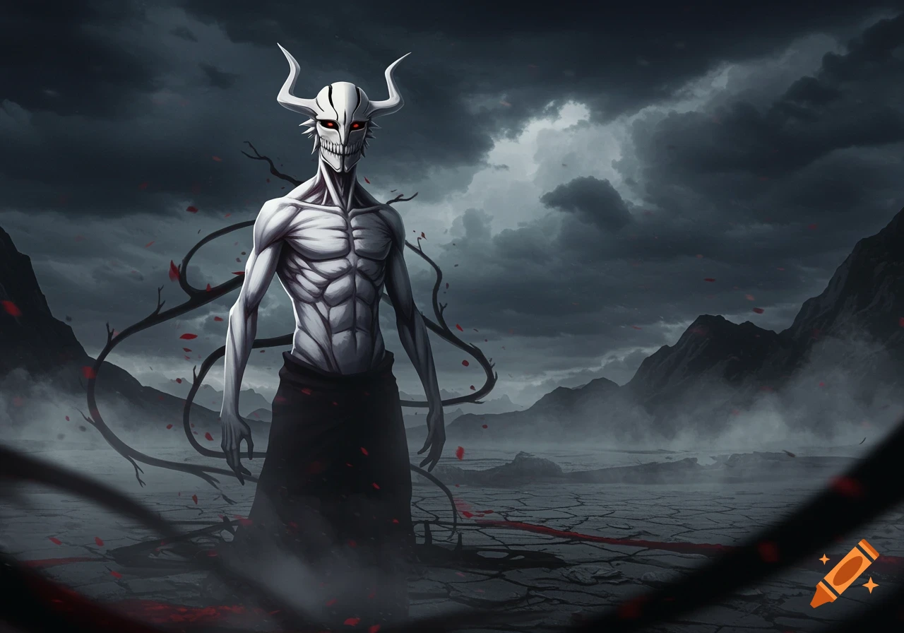 A pale, muscular humanoid with a horned skull mask and glowing red eyes stands in a desolate, dark landscape under a stormy sky.