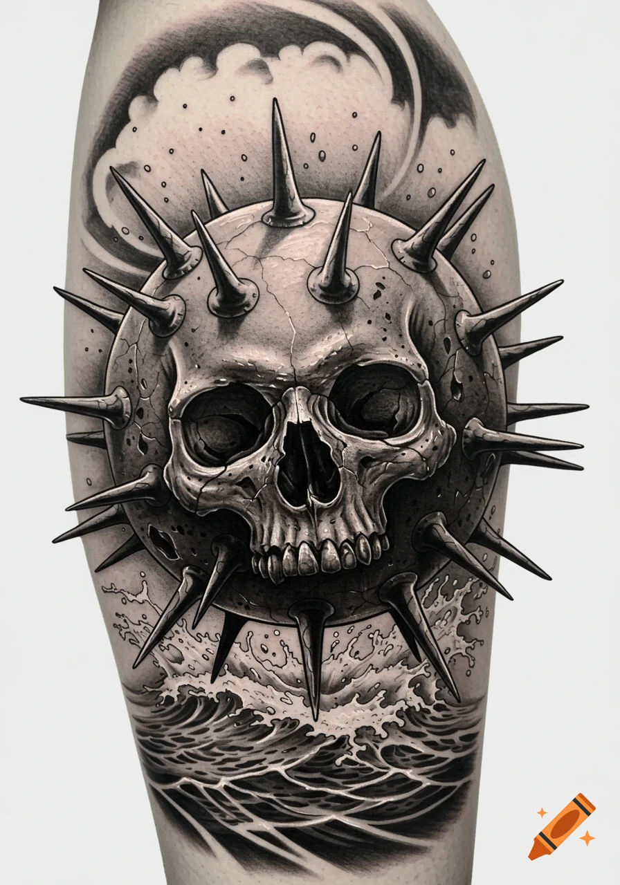 Black and white tattoo of a spiky skull resembling a sea mine, with crashing waves below and swirling clouds above, on a leg.