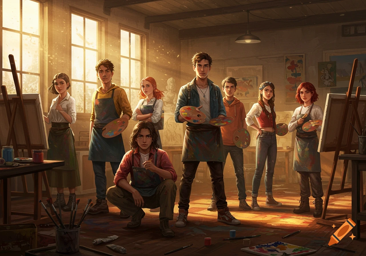 A diverse group of young artists holding palettes and brushes in a sunlit art studio, digital art style.