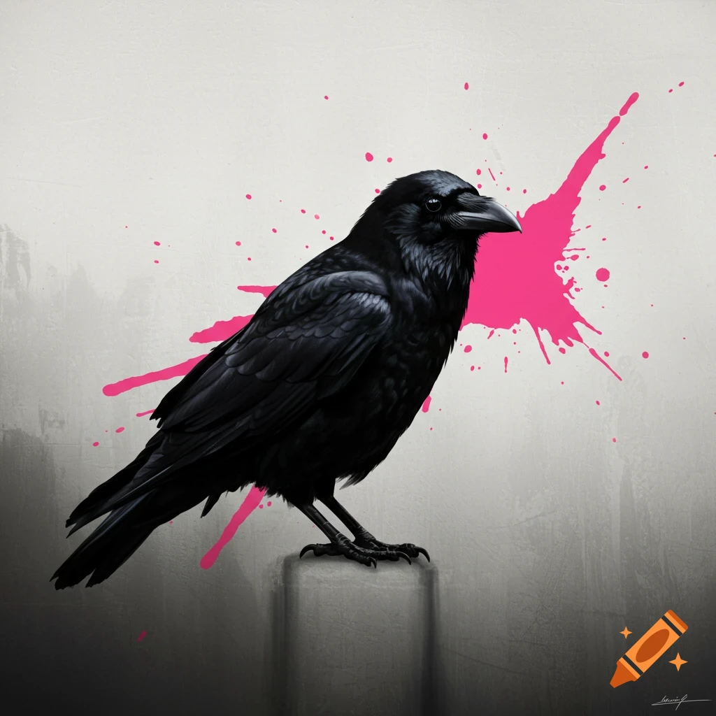 Illustration of a black crow on a gray background with a vibrant hot pink paint splash.