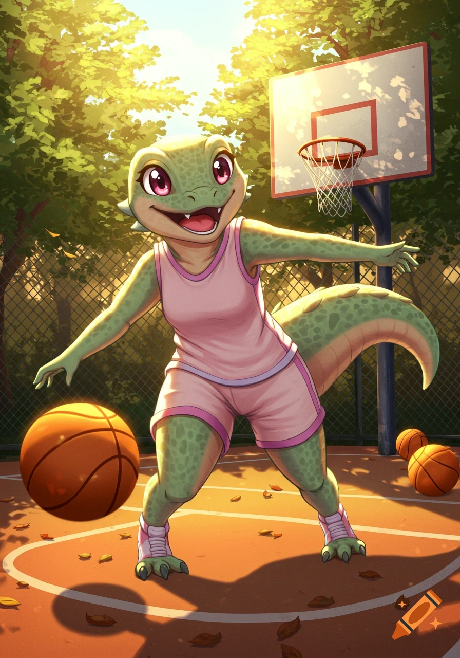 A cute green lizard character in a pink basketball uniform dribbling a ball on an outdoor court under a sunny sky.