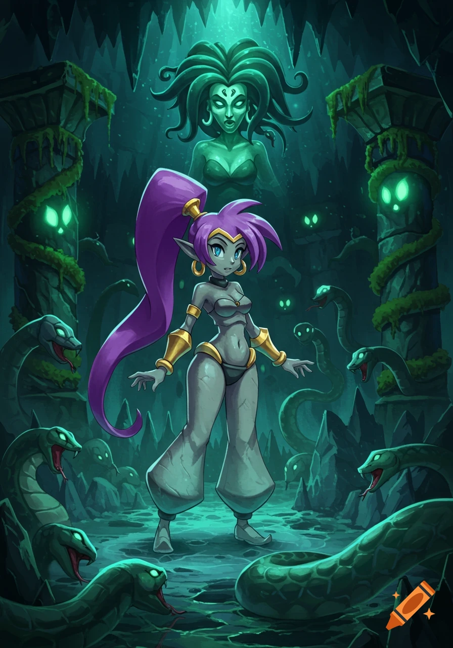 Shantae, a genie-like character, stands in a dark, snake-filled cave before a glowing Medusa figure, in a stylized illustration.