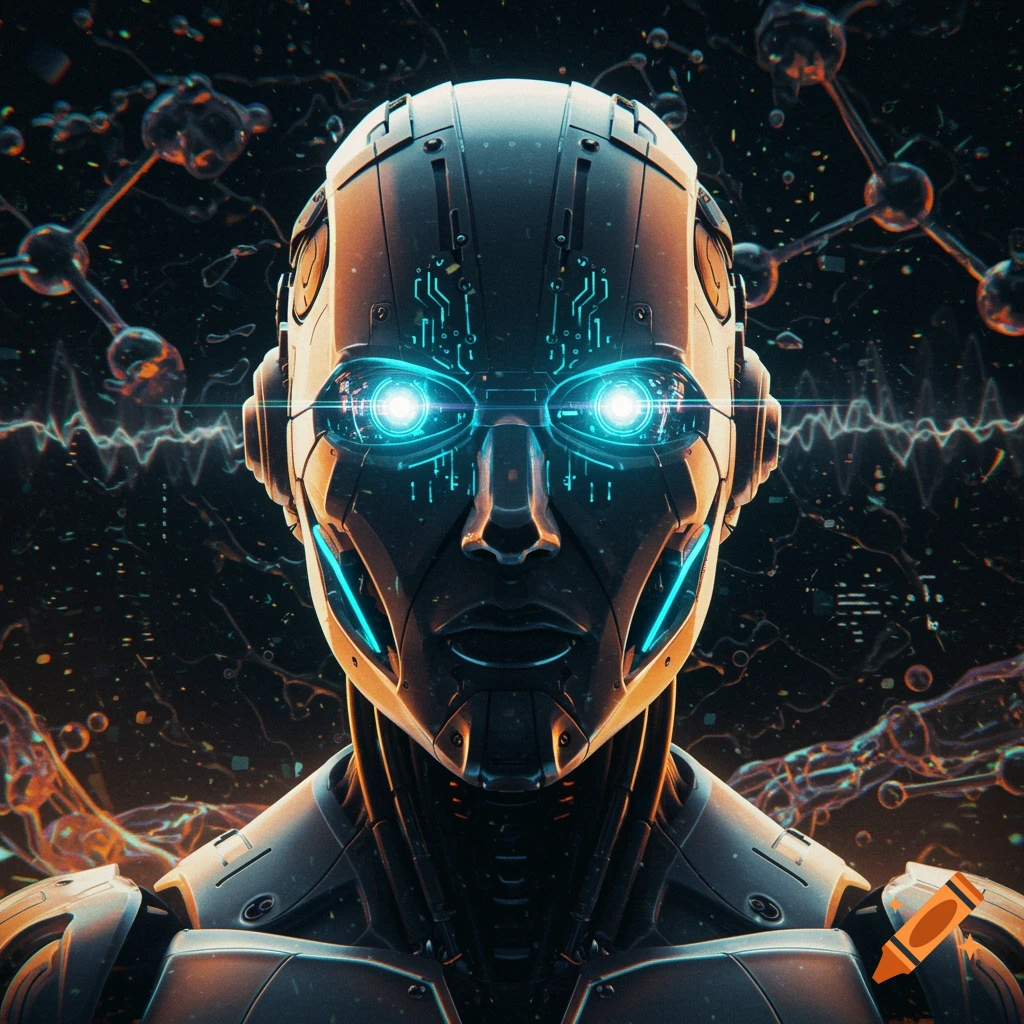 Close-up of a futuristic robot's head with glowing blue eyes and circuitry, against a dark background with molecular structures and a waveform.