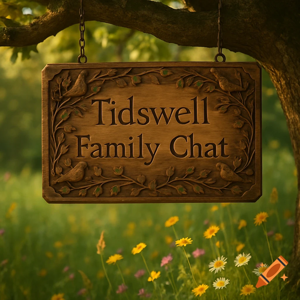 A carved wooden sign reading "Tidswell Family Chat" hangs from a tree branch over a field of colorful wildflowers.