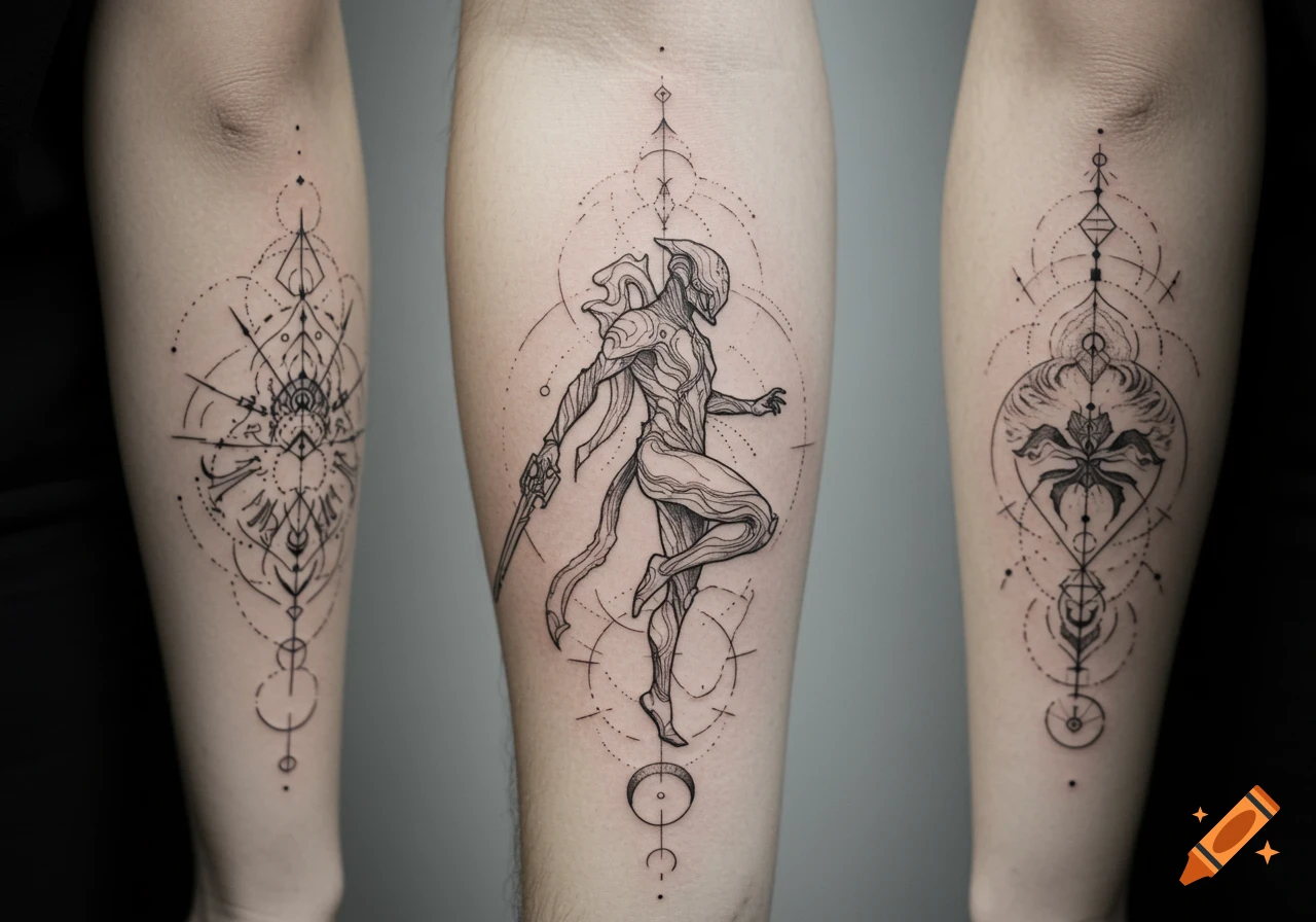 Three fine line tattoos on human limbs, featuring intricate geometric patterns, a sci-fi character, and an organic design.