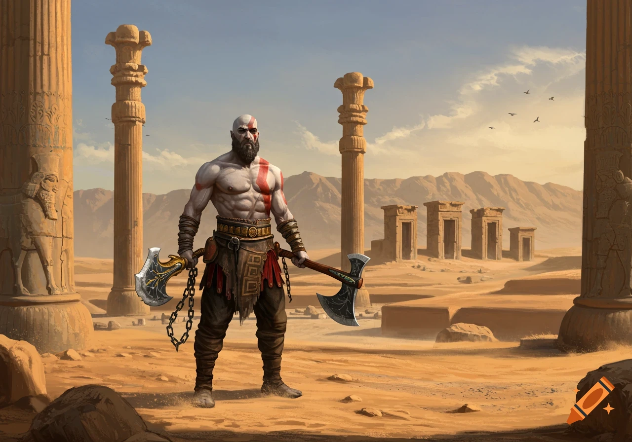 Kratos, a muscular, bald man with a beard and red markings, stands with two axes amidst ancient Persian ruins in a desert.