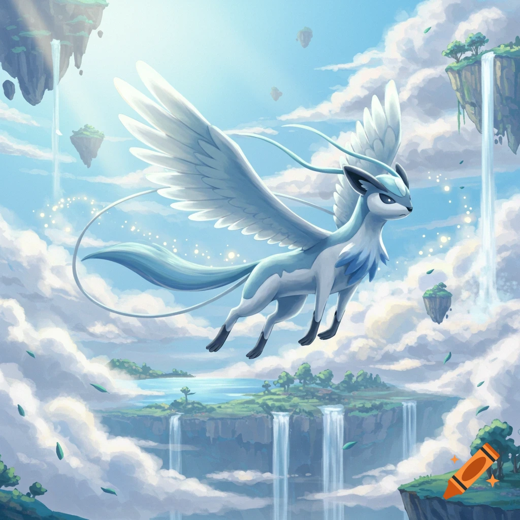 A light blue and white winged creature, resembling a Pokémon, flies through a bright sky above floating islands with waterfalls.