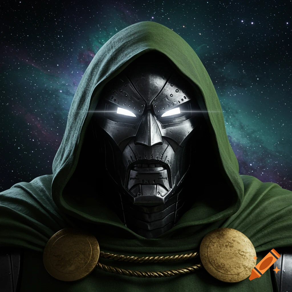 Close-up of Doctor Doom's armored mask with glowing white eyes against a dark, starry cosmic background, in a cinematic comic book style.