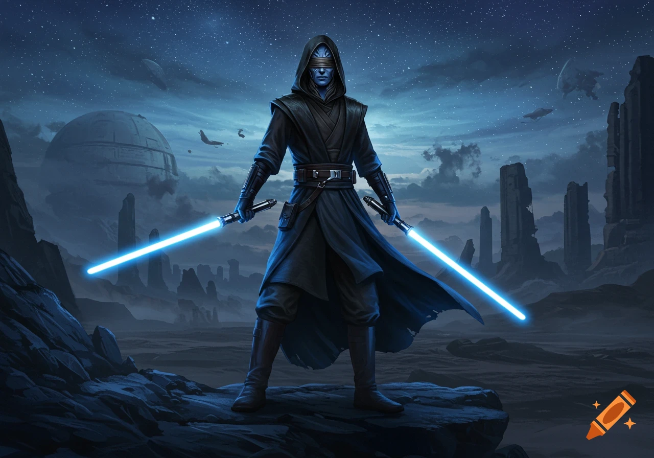 A blue-skinned Miraluka in dark robes wields two blue lightsabers on a rocky alien planet under a starry night sky.
