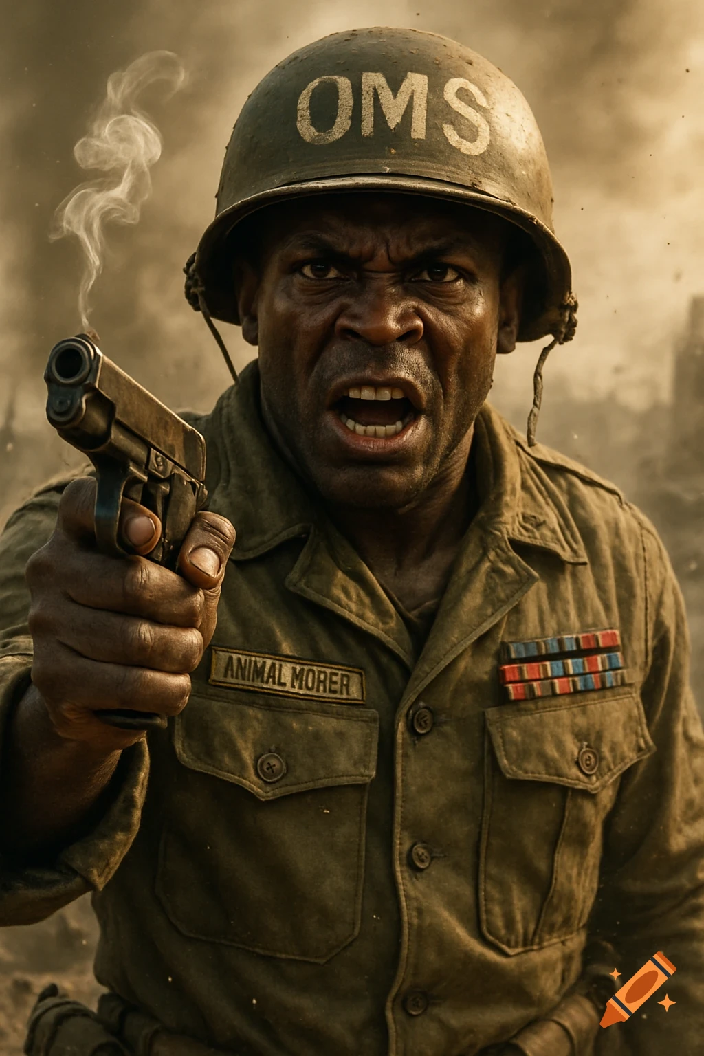 A photorealistic portrait of an angry African American WW2 soldier with a pistol, smoke coming from the barrel.
