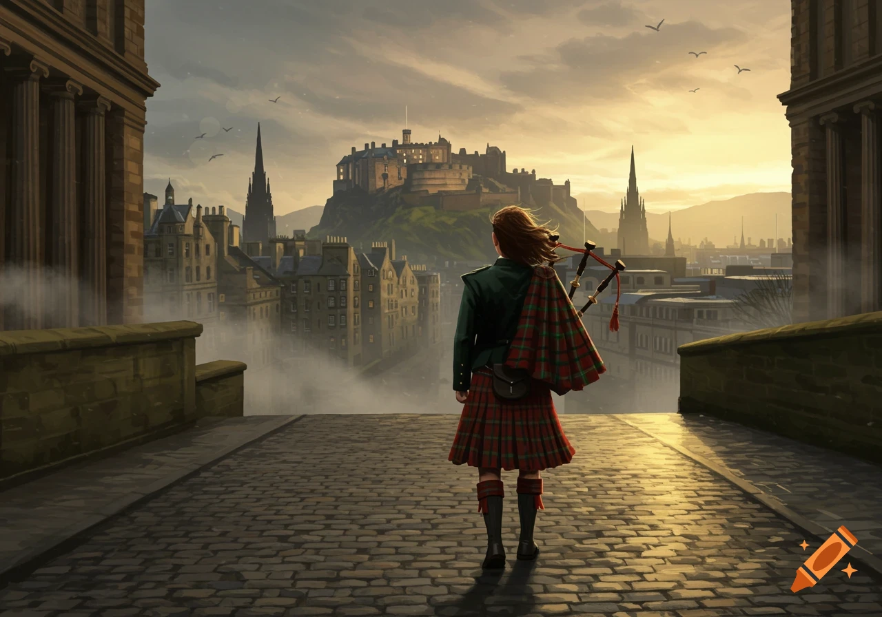 A person in a kilt and bagpipes looks out over a misty Edinburgh cityscape with a castle at sunset.