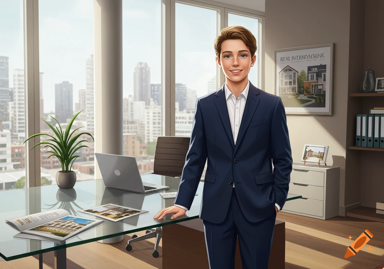 A young male real estate agent smiles in his modern office, with a cityscape view and property brochures on a glass desk.