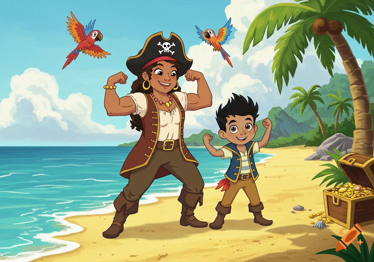 A strong female pirate and a young boy pirate flex their muscles on a tropical beach, with parrots and a treasure chest in a cartoon style.