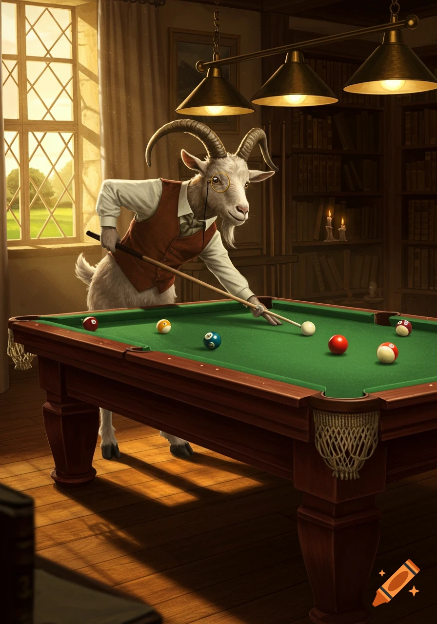 An anthropomorphic goat in a vest and monocle plays billiards in a library with sunlight.