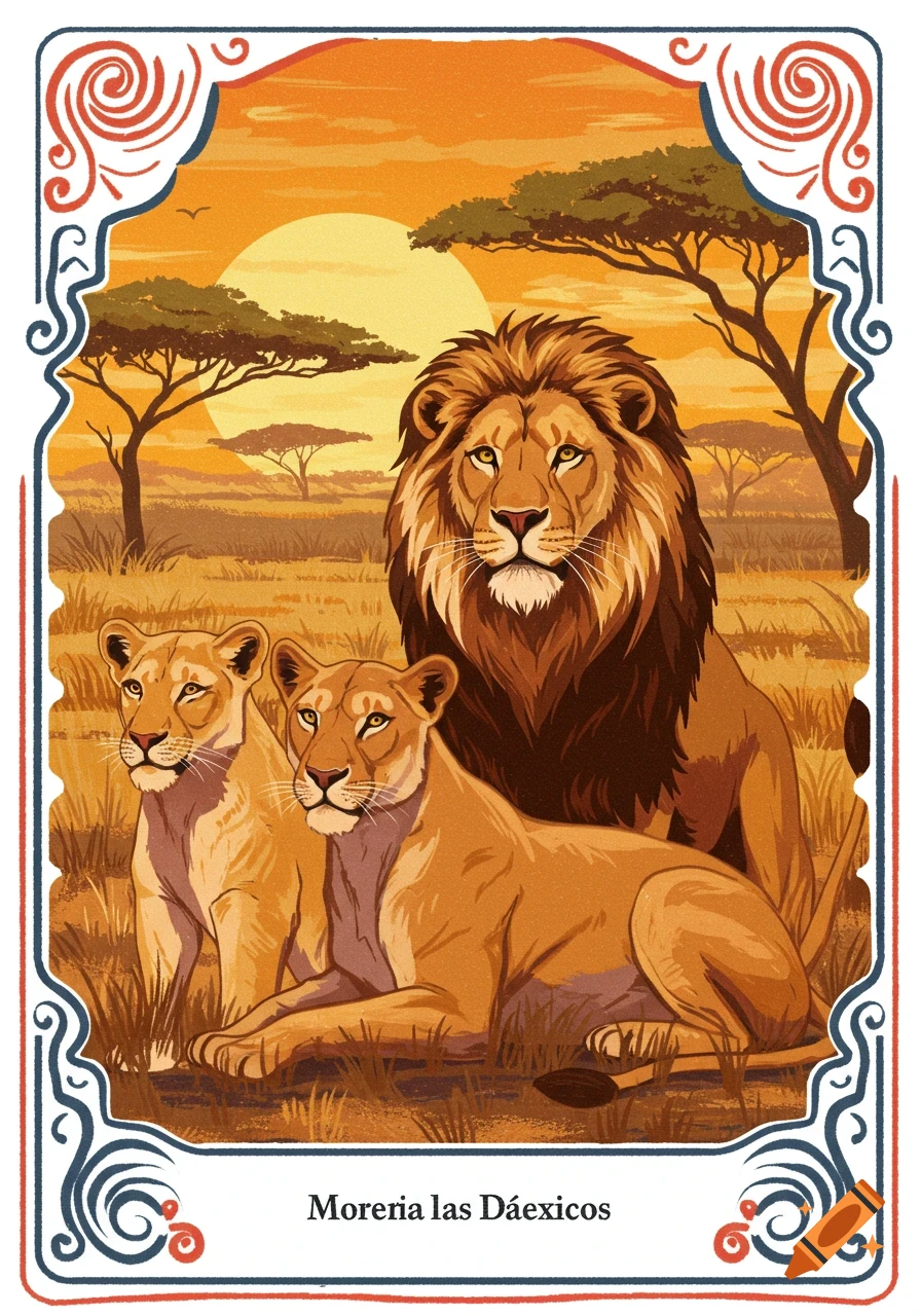 Illustrated card of a male lion and two lionesses at sunset in an African savanna, with a decorative border and text.