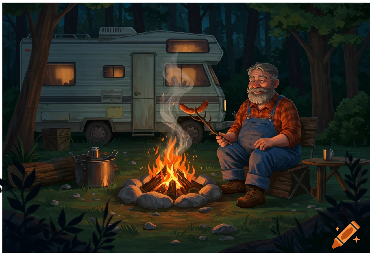 An illustrated man with a grey beard roasts a sausage on a stick by a campfire, next to an RV in a dark forest at night.