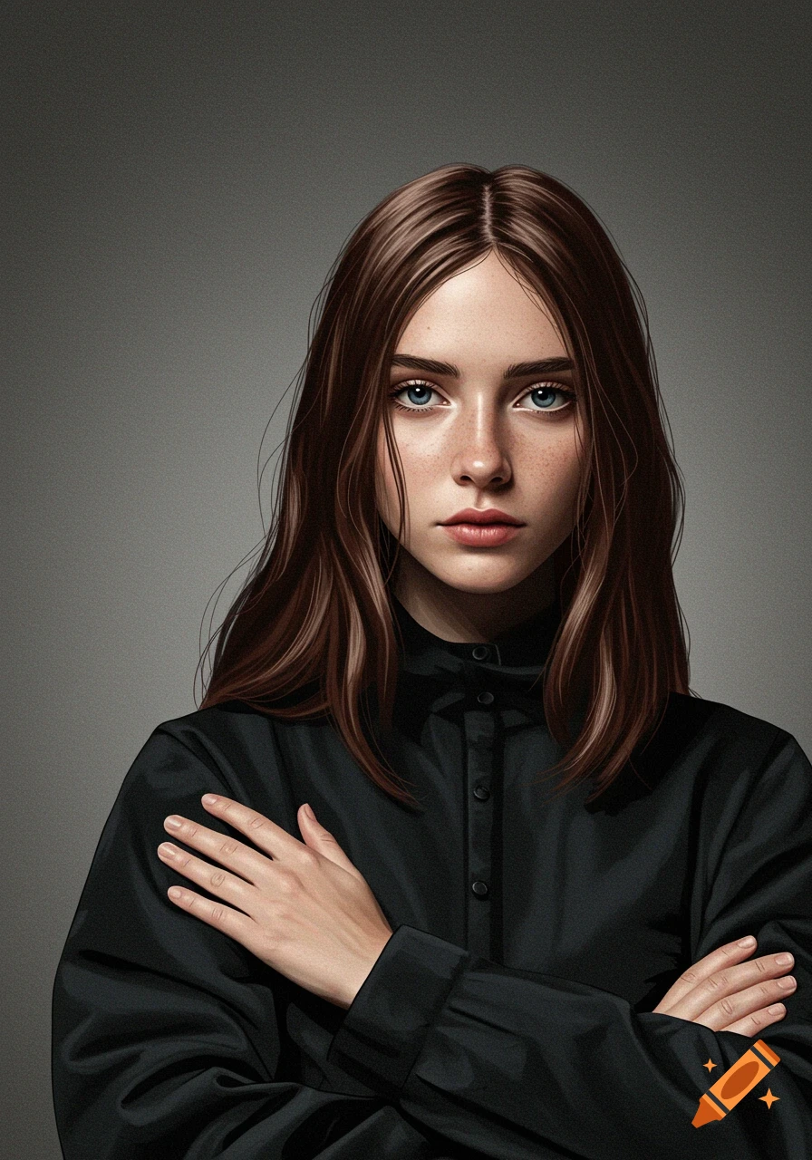 A photorealistic portrait of a young woman with long brown hair, blue eyes, and freckles, wearing a black collared shirt, with her arms crossed. She looks directly at the viewer against a plain gray background.