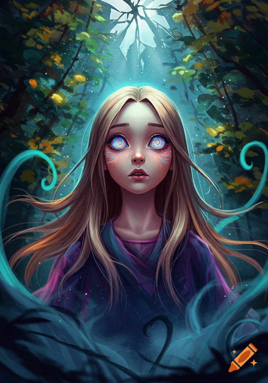 A young girl with luminous, colorful spiral eyes and light brown hair looks forward, surrounded by mystical blue light and dark forest foliage in a digital art style.