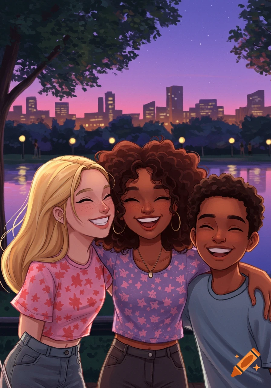 Illustrated group of three smiling young friends embracing in a park at dusk with a city skyline.