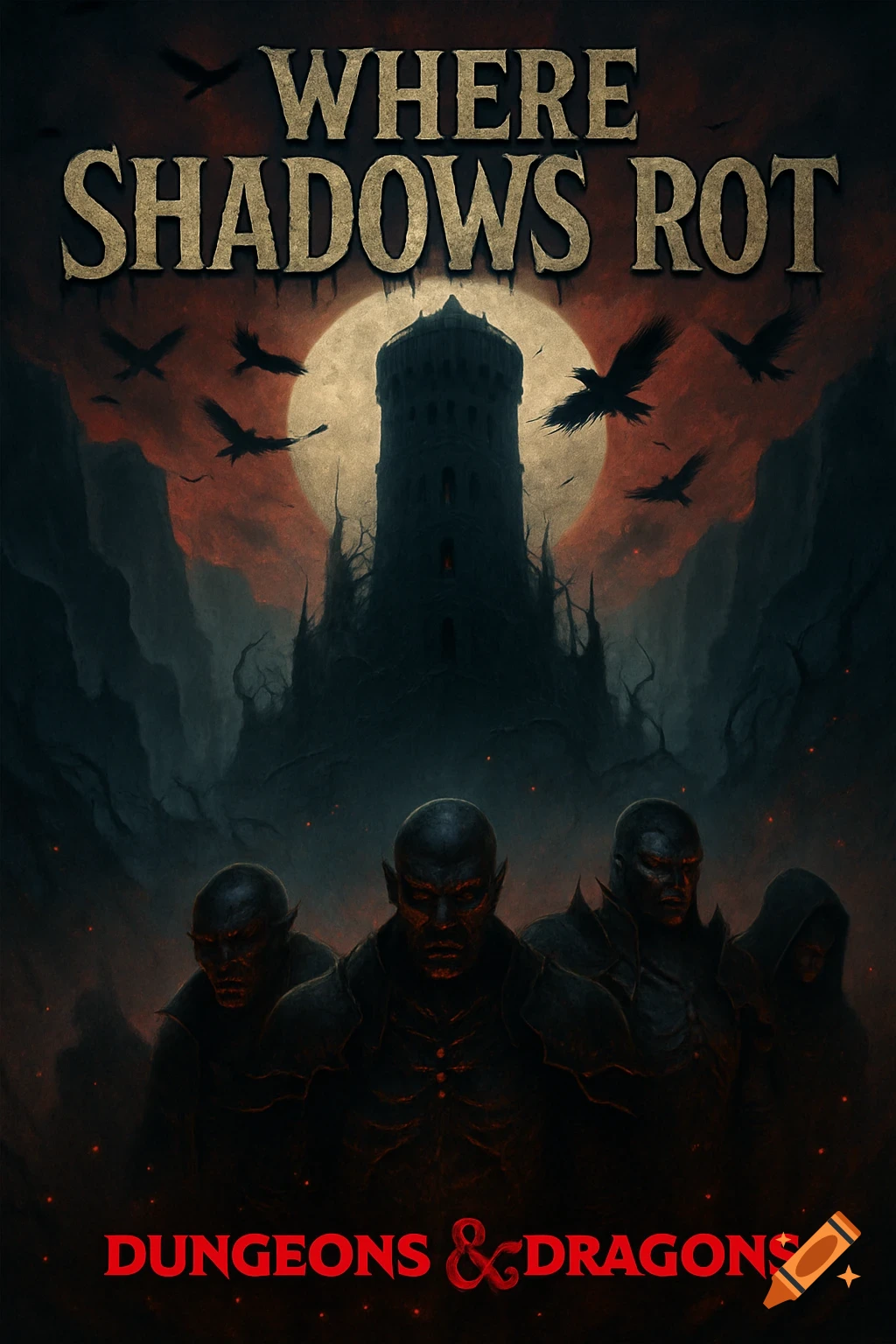 Dark fantasy game cover with a shadowy tower, flying birds, and four menacing, red-eyed figures in the foreground. Text reads "WHERE SHADOWS ROT" and "DUNGEONS & DRAGONS".
