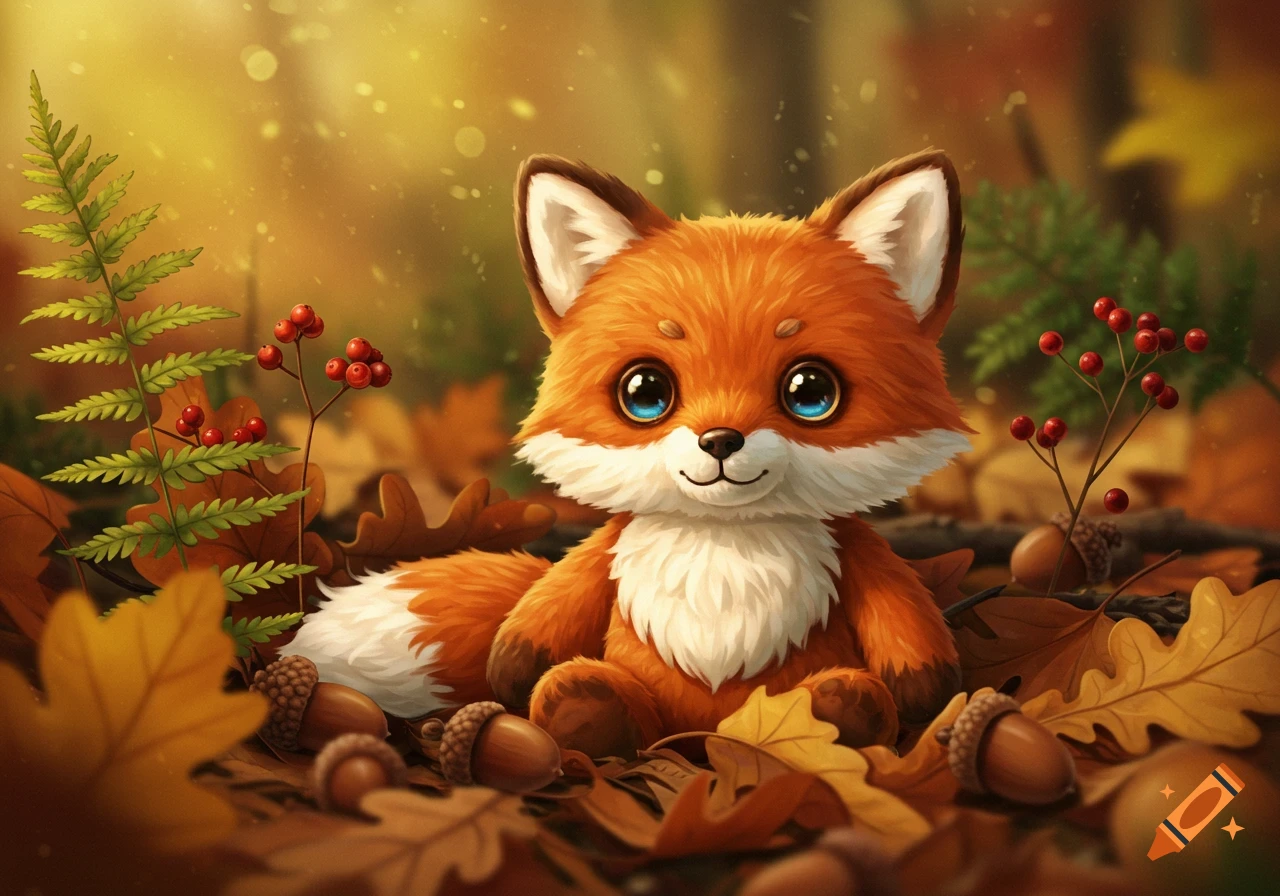 A cute, orange cartoon fox plush sits among autumn leaves and acorns in a forest setting.