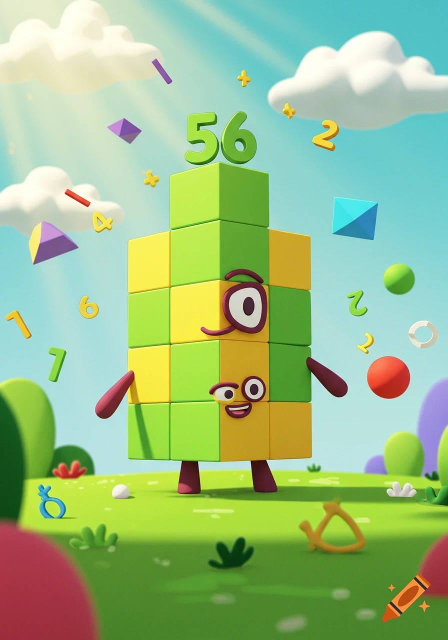 A cartoon character made of green and yellow blocks, representing the number 56, stands in a bright grassy field with other numbers floating.