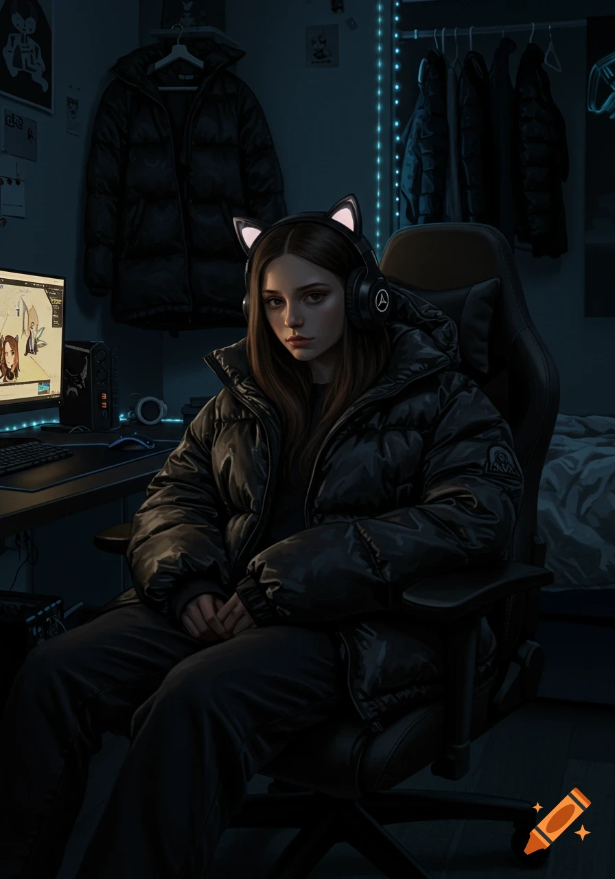 A young woman with cat-ear headphones sits in a dark room at a gaming desk, wearing a black puffer coat.