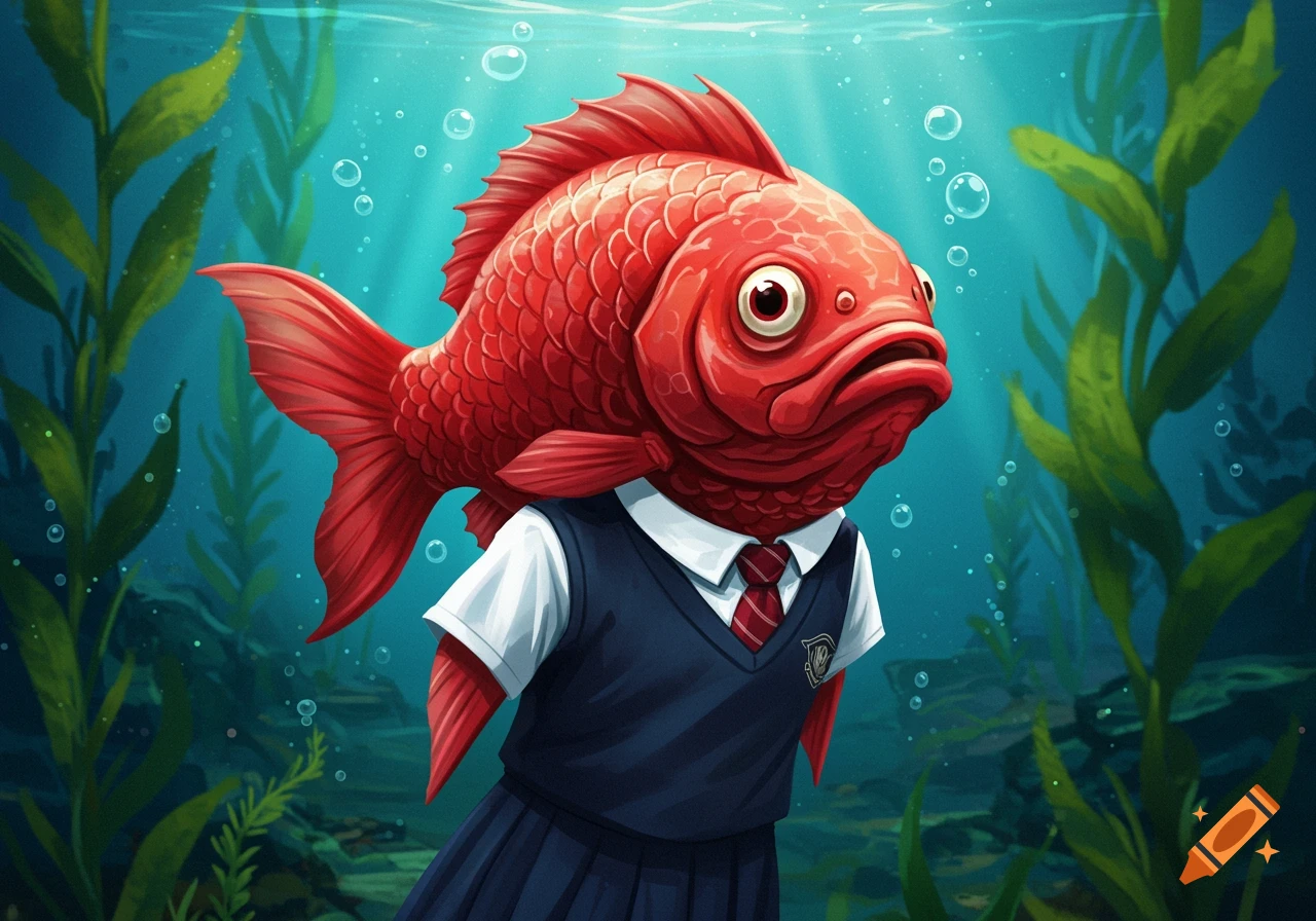 A red goldfish with a human face wears a school uniform while swimming underwater among green plants and bubbles.