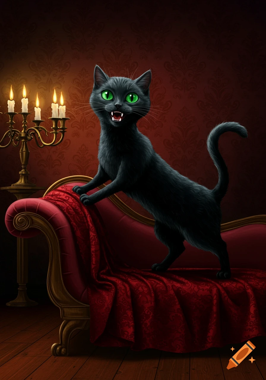 A stylized black cat with bright green eyes and fangs stands on a red velvet chaise lounge, a candelabra in the background.