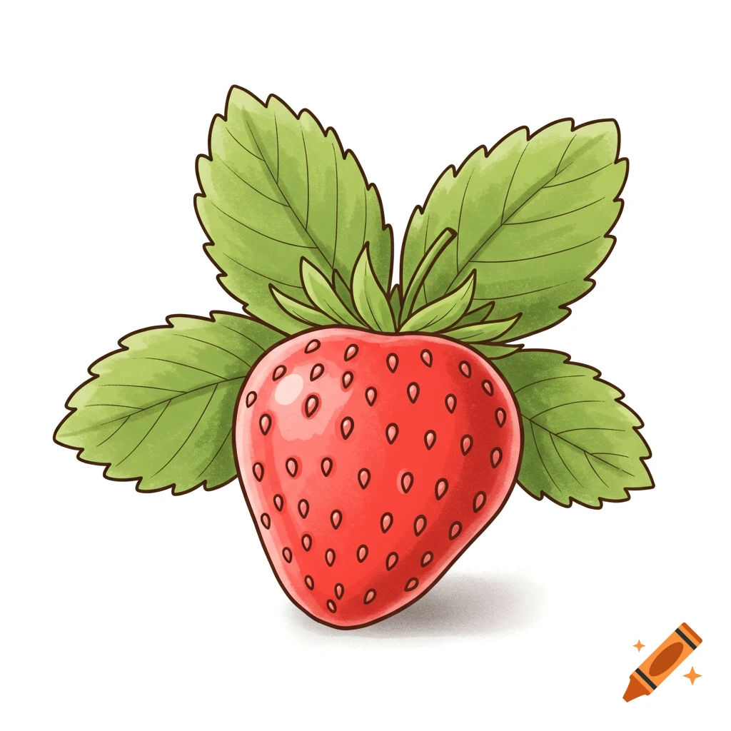 A cute, simple illustration of a red strawberry with green leaves.