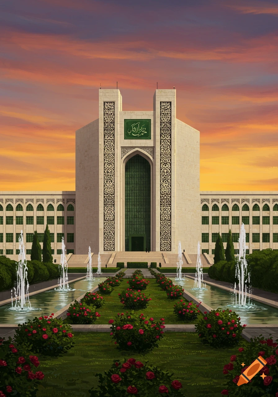 An ornate building with an arched entrance and a green plaque featuring script, surrounded by a formal garden with fountains and red rose bushes, under a vibrant sunset.