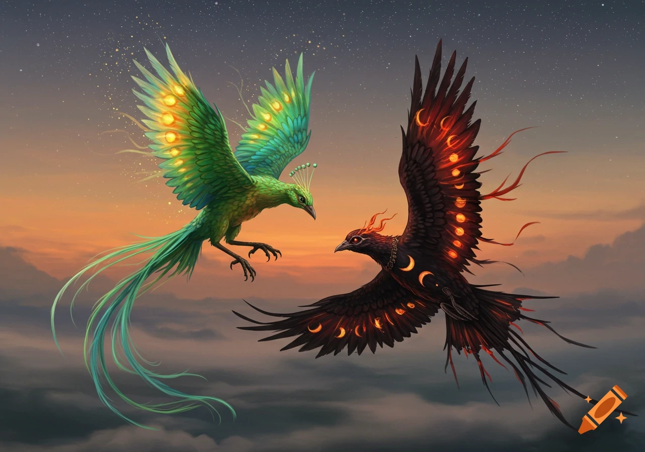 Two mystical birds, one green with sun patterns and one black with moon patterns, flying against a sunset sky.