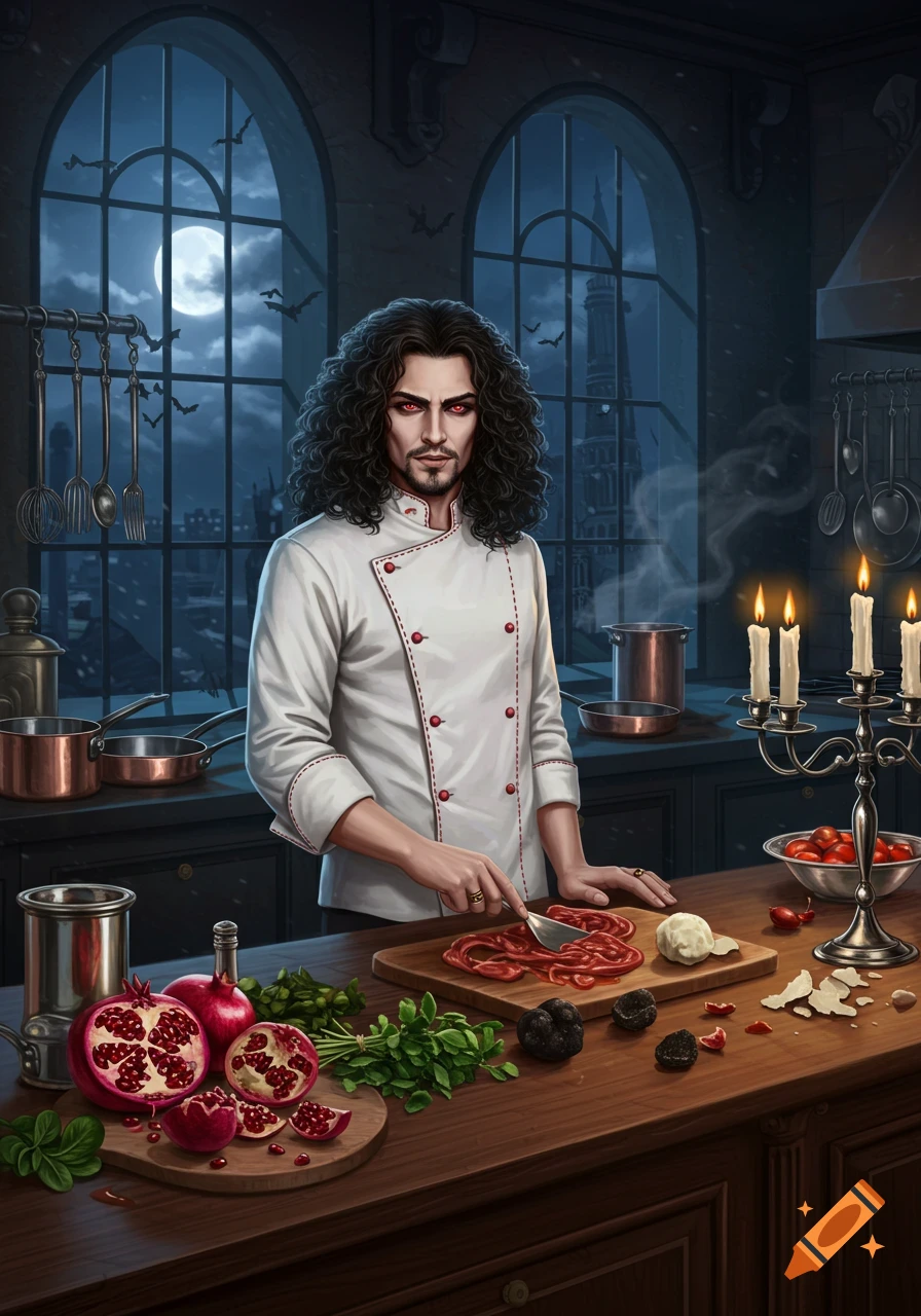 A stylistic vampire chef with curly hair and red eyes prepares food in a gothic kitchen under a full moon.