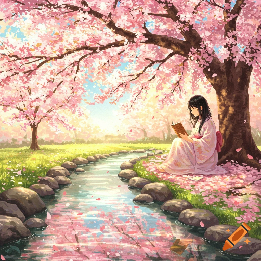 An anime girl in a kimono reads under a blooming cherry blossom tree beside a tranquil stream, with pink petals floating on the water.