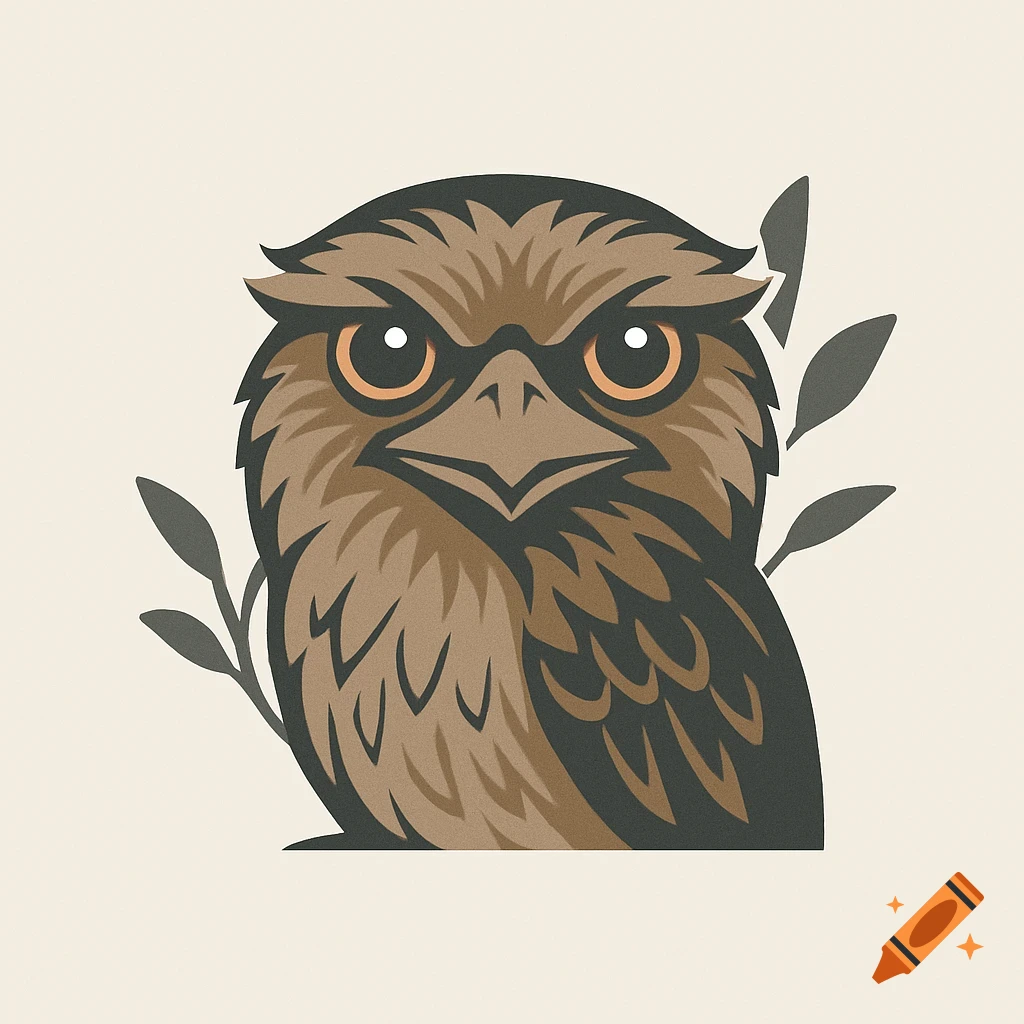 A stylized brown tawny frogmouth bird logo with large orange eyes and a serious expression, with dark leaves on either side, on a light background.