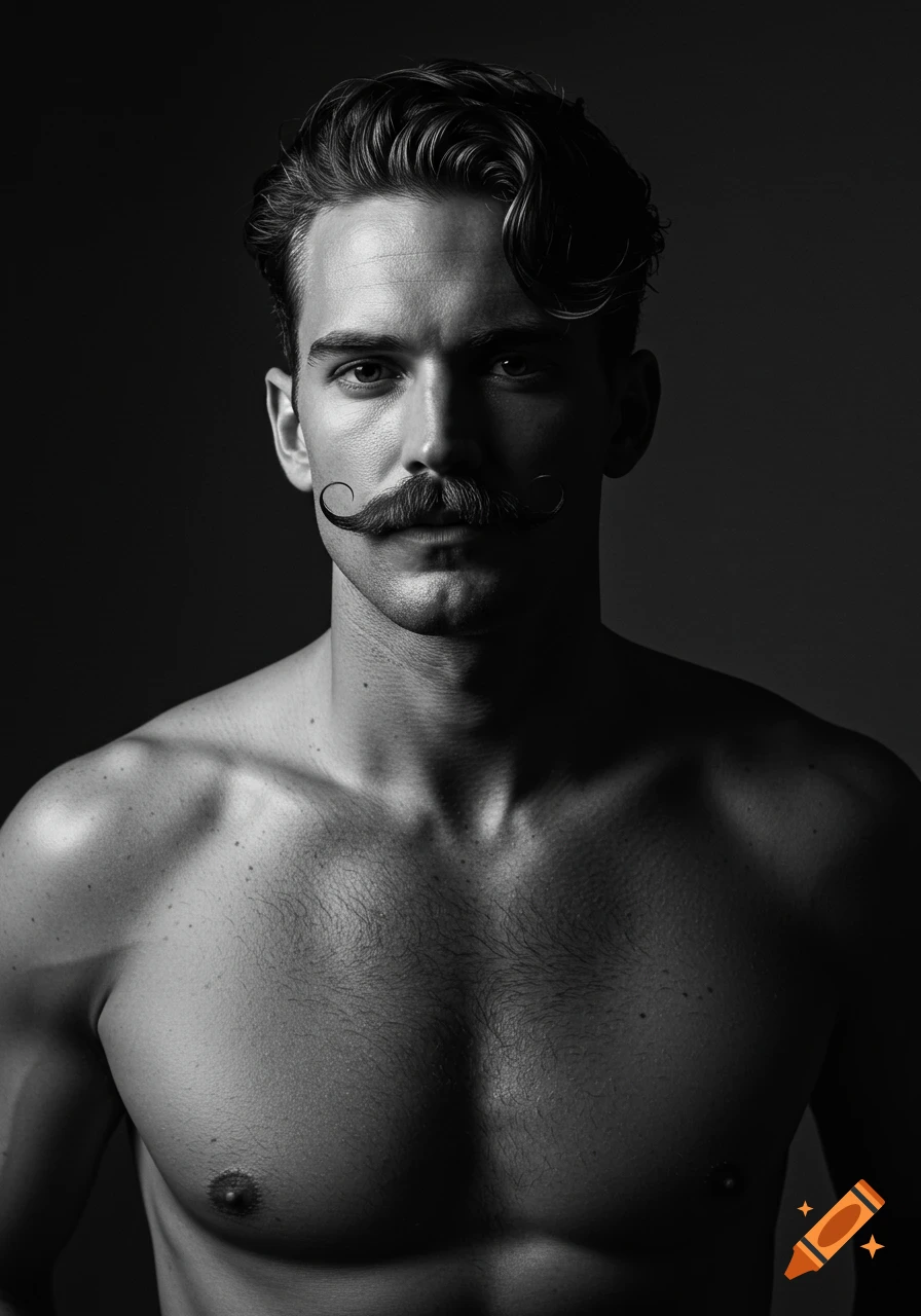 A black and white portrait of a shirtless man with a styled mustache looking directly at the camera.