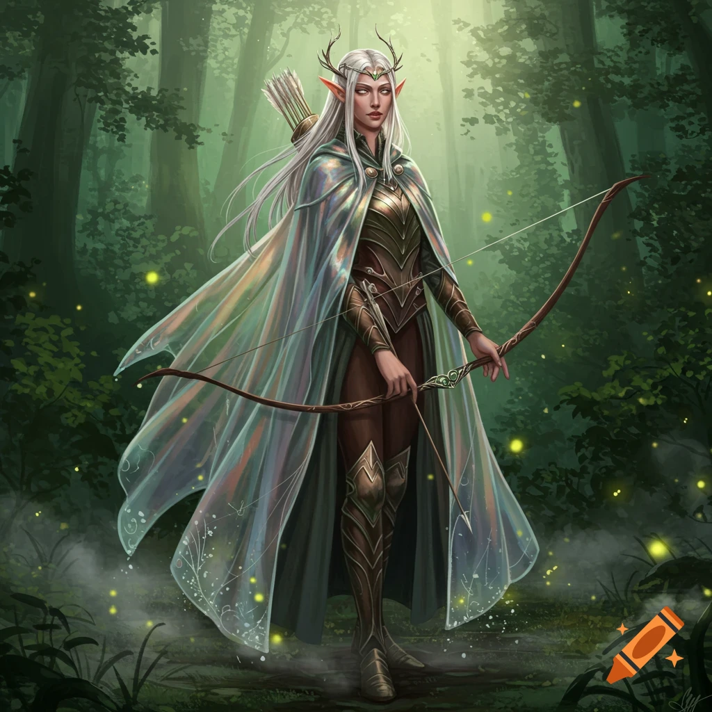 A female elf with long white hair, a brown armored suit, a translucent iridescent cloak, and antlers, stands in a mystical forest holding a bow.