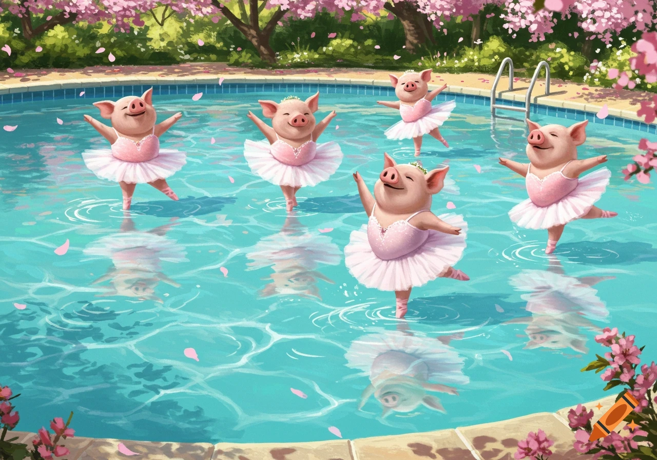Six happy cartoon pigs in pink tutus dancing ballet in a blue swimming pool under cherry blossoms.