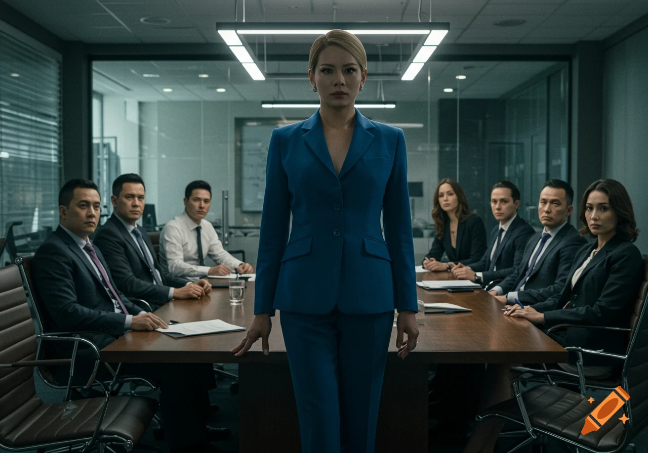 A female executive in a blue suit stands assertively in a modern conference room, facing a group of seated professionals.