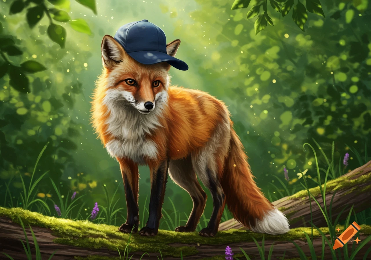 An orange and white fox wearing a blue baseball cap stands on a mossy log in a sunlit forest.