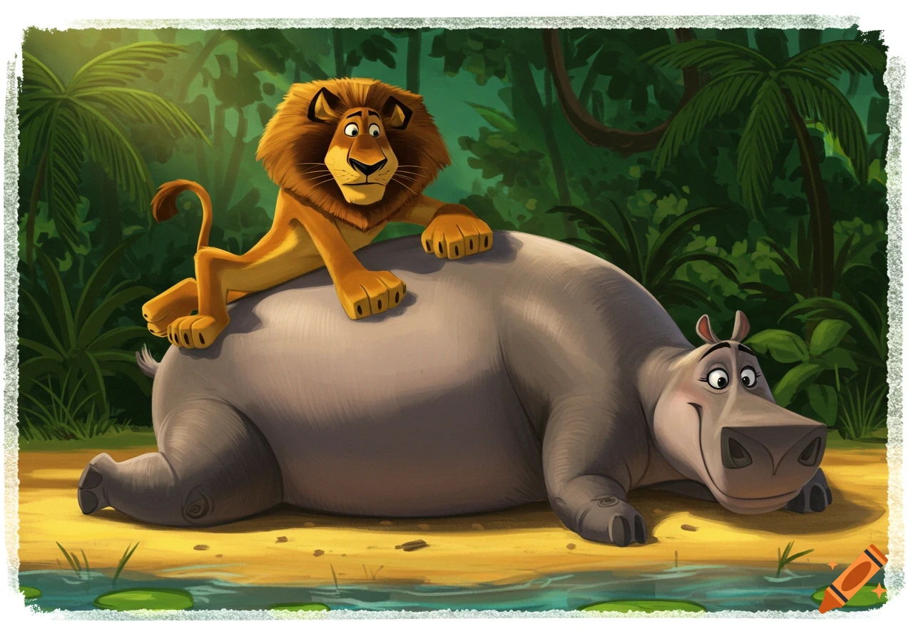 A cartoon lion rests on a cartoon hippo's back in a lush jungle setting, in the style of Madagascar.
