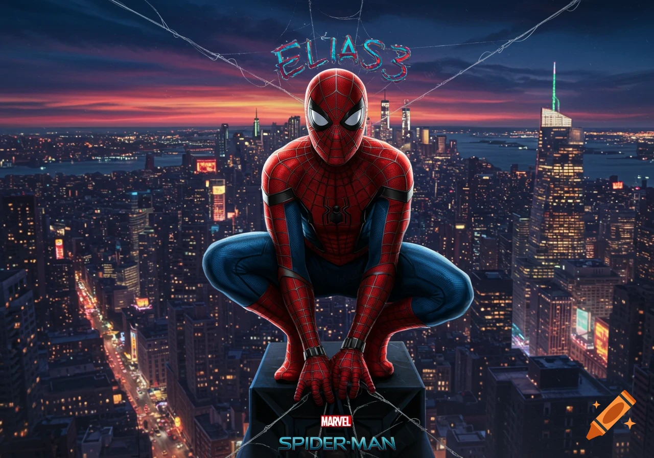 Spider-Man crouches on a building with a city skyline at sunset. "ELIAS3" and "MARVEL SPIDER-MAN" text visible.