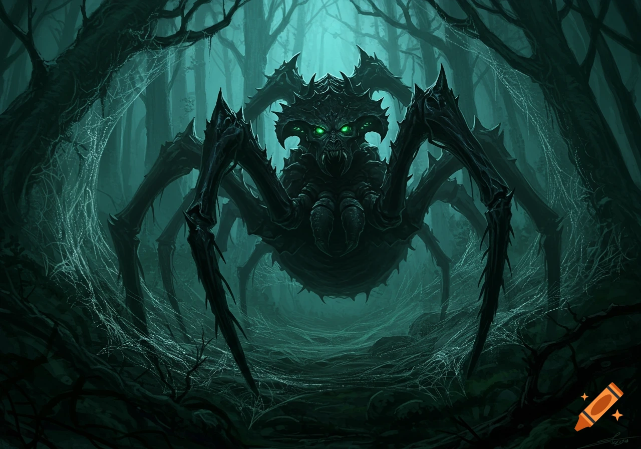 A monstrous black spider with glowing green eyes in a dark, eerie forest filled with spiderwebs, digital painting.