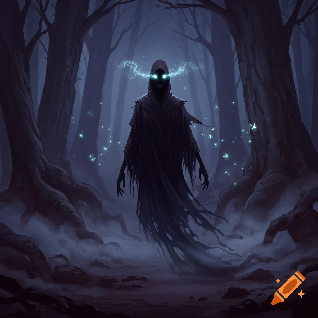A dark, hooded spirit with glowing eyes and an electric aura floats in a misty, eerie forest.