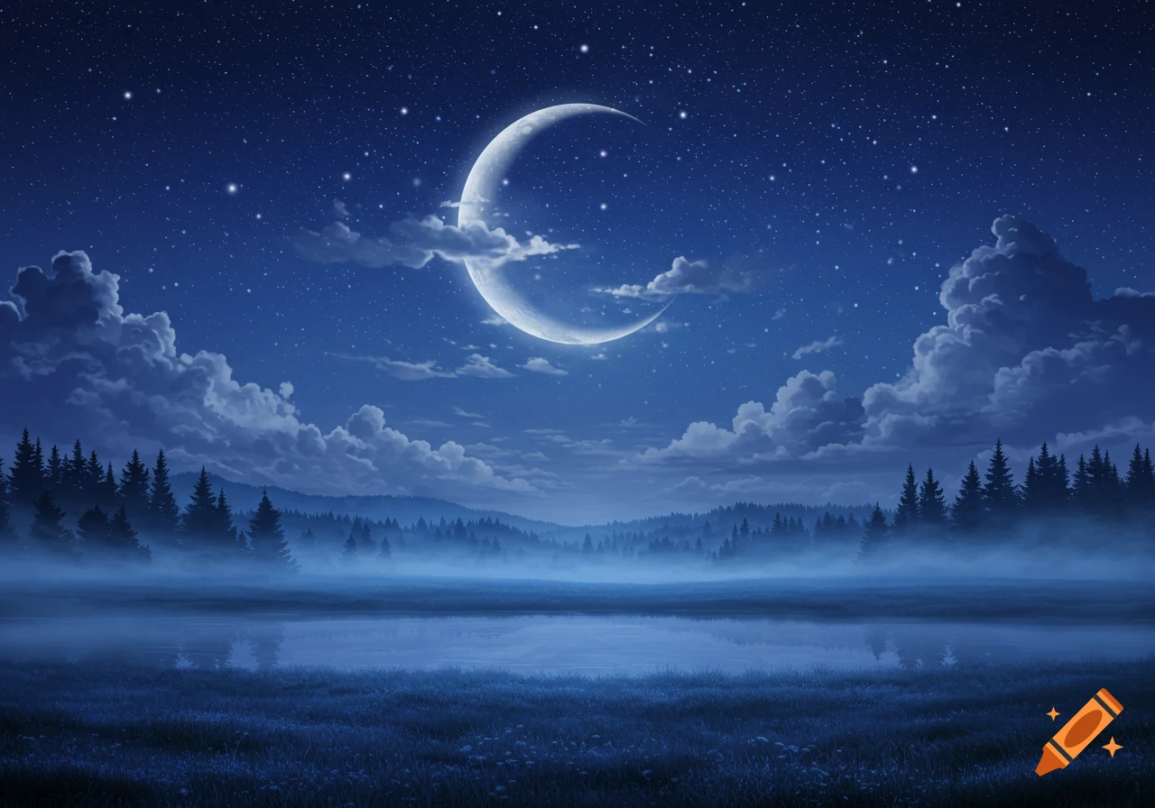 A crescent moon shines brightly in a dark blue starry night sky over a misty forest and reflective lake.