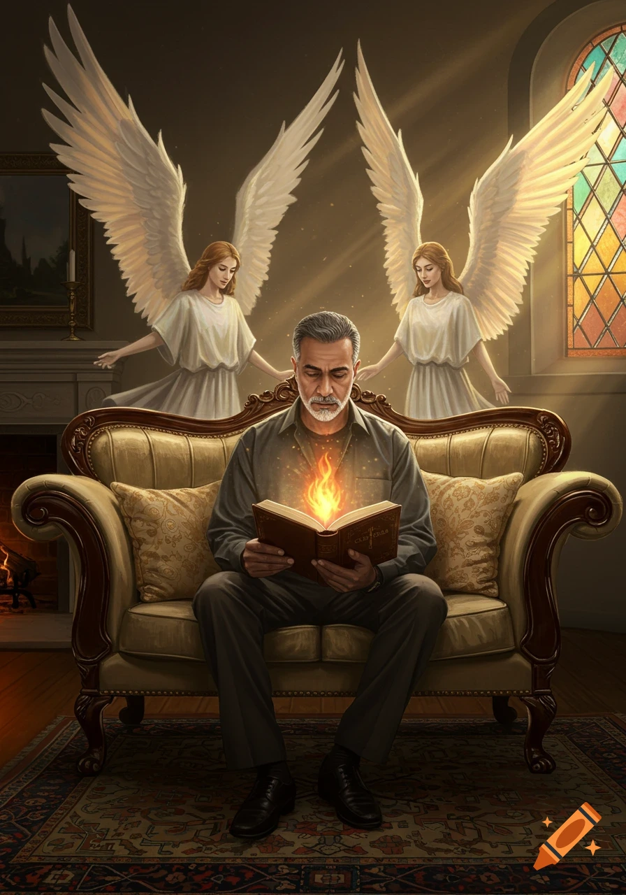 A man sits on a couch reading a book with a flame, flanked by two angels, in a room with a fireplace and stained glass window.