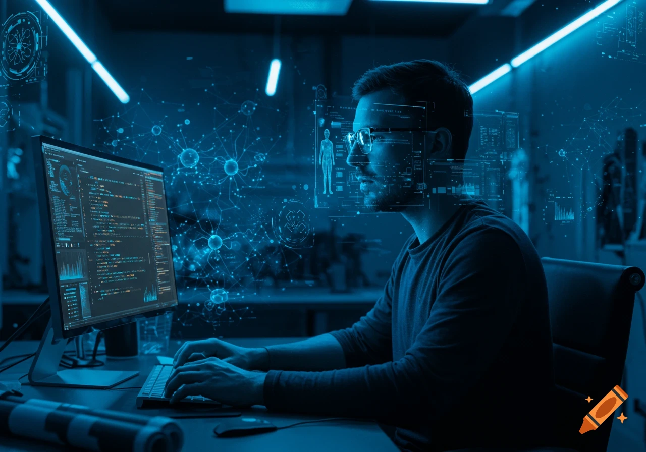 A man works on a computer surrounded by futuristic blue holographic data and network visualizations.